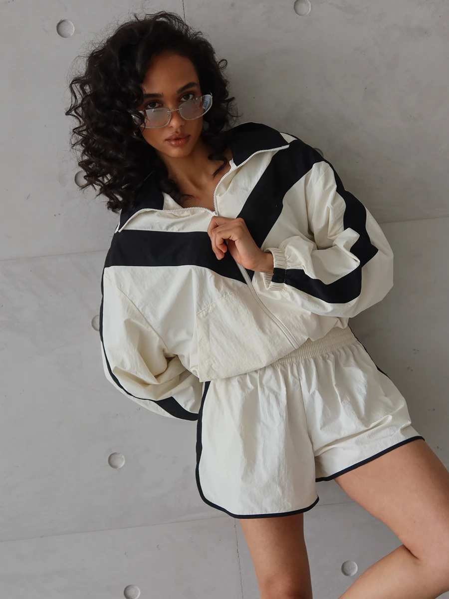 Zip-Up Collared Shorts Set