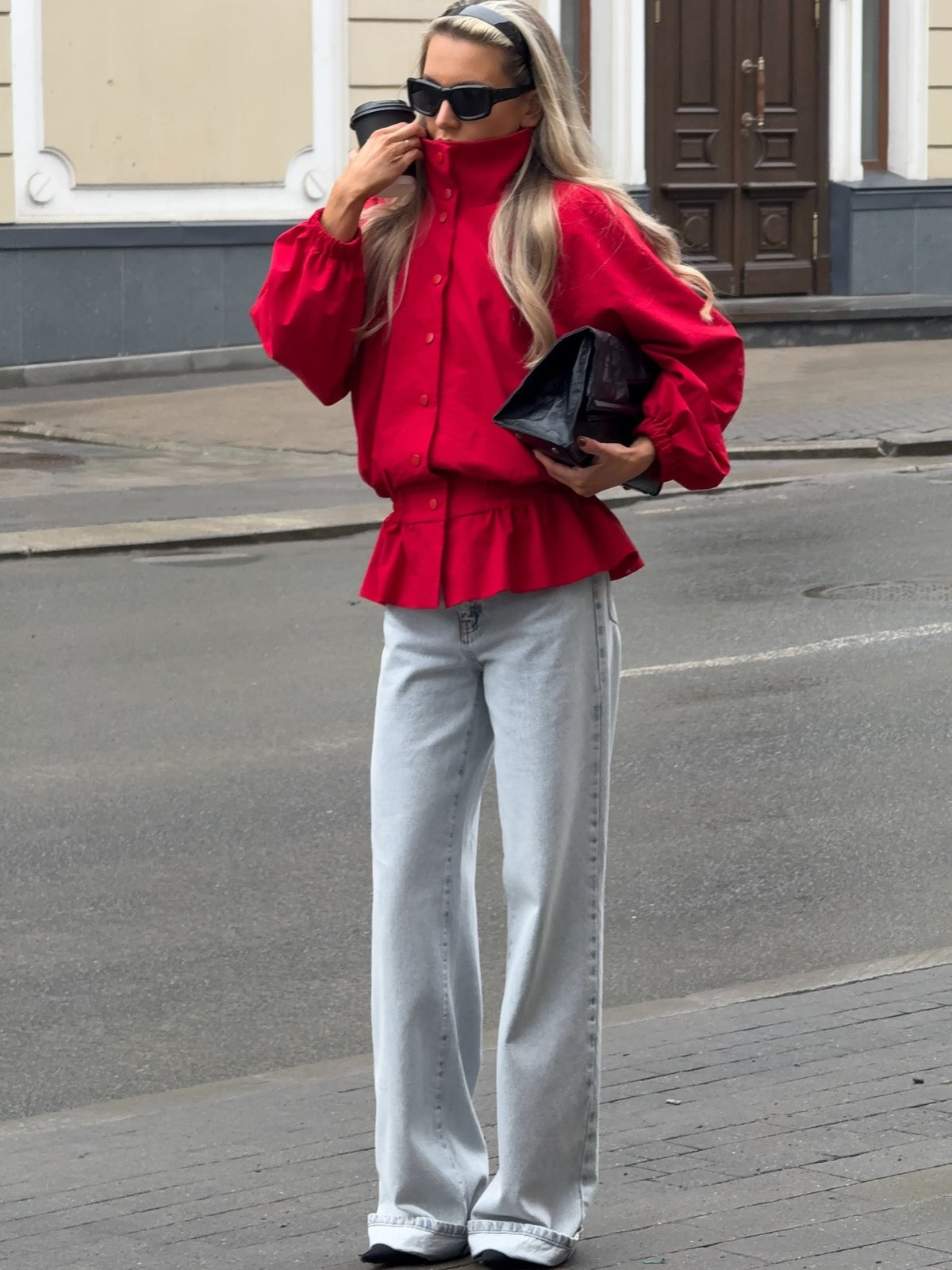 Waist-cinched Jacket and Baggy Pants Set