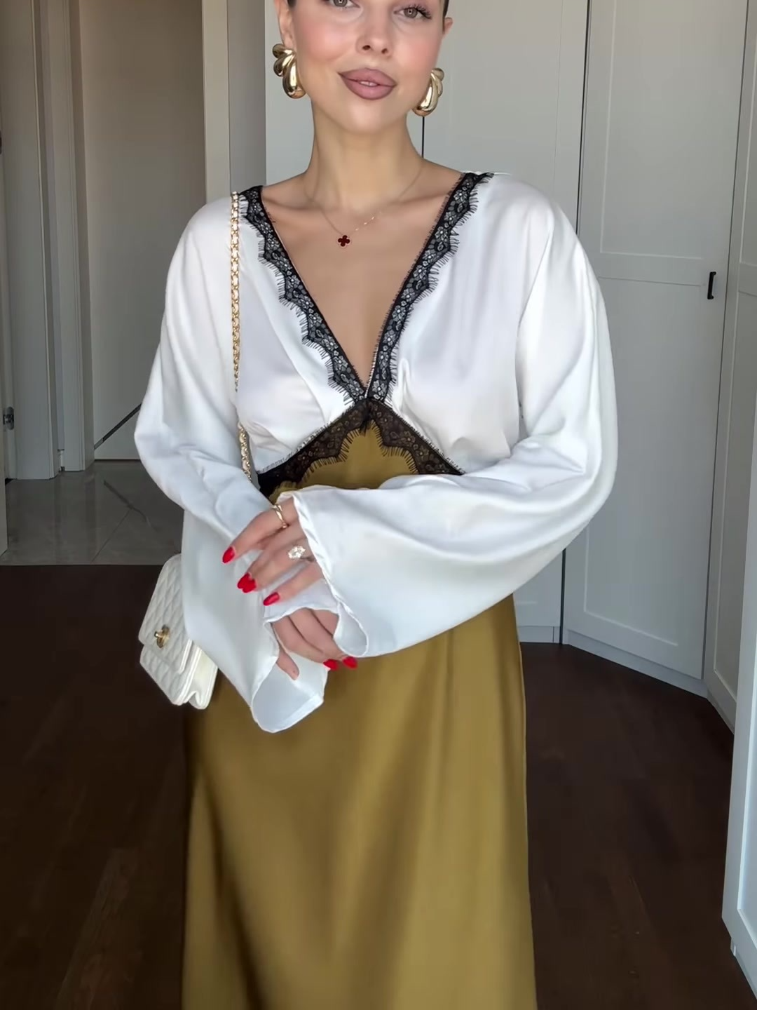 Satin Lace Contrast Trim Long Dress
