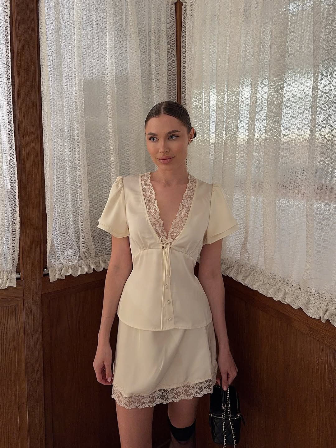 Satin Lace Patchwork Skirt Set