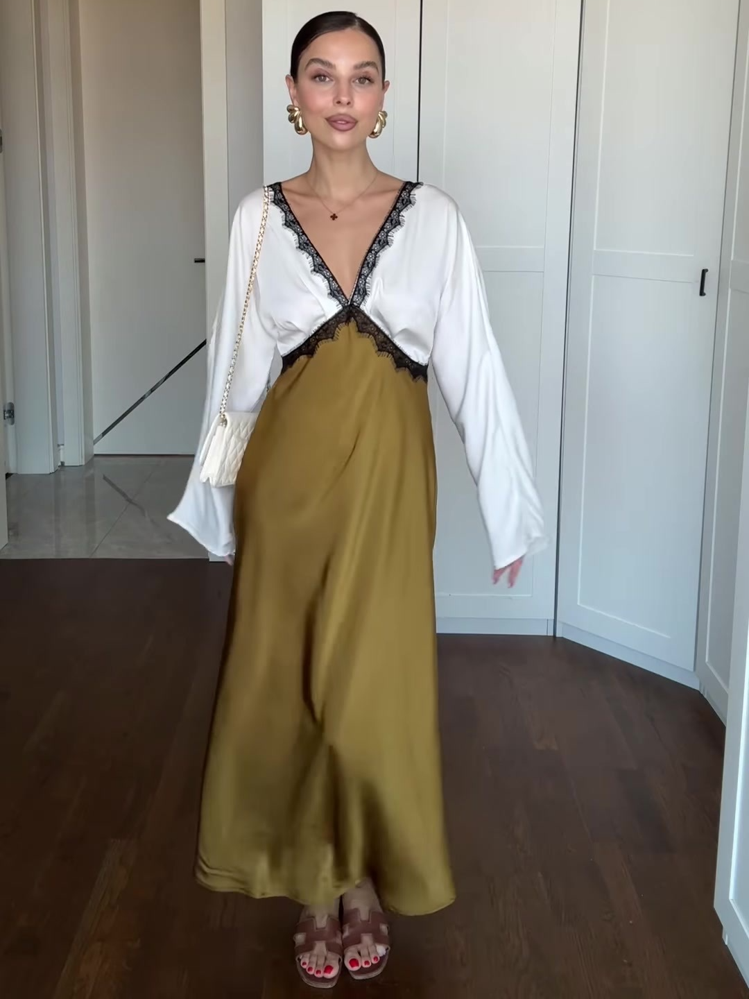 Satin Lace Contrast Trim Long Dress