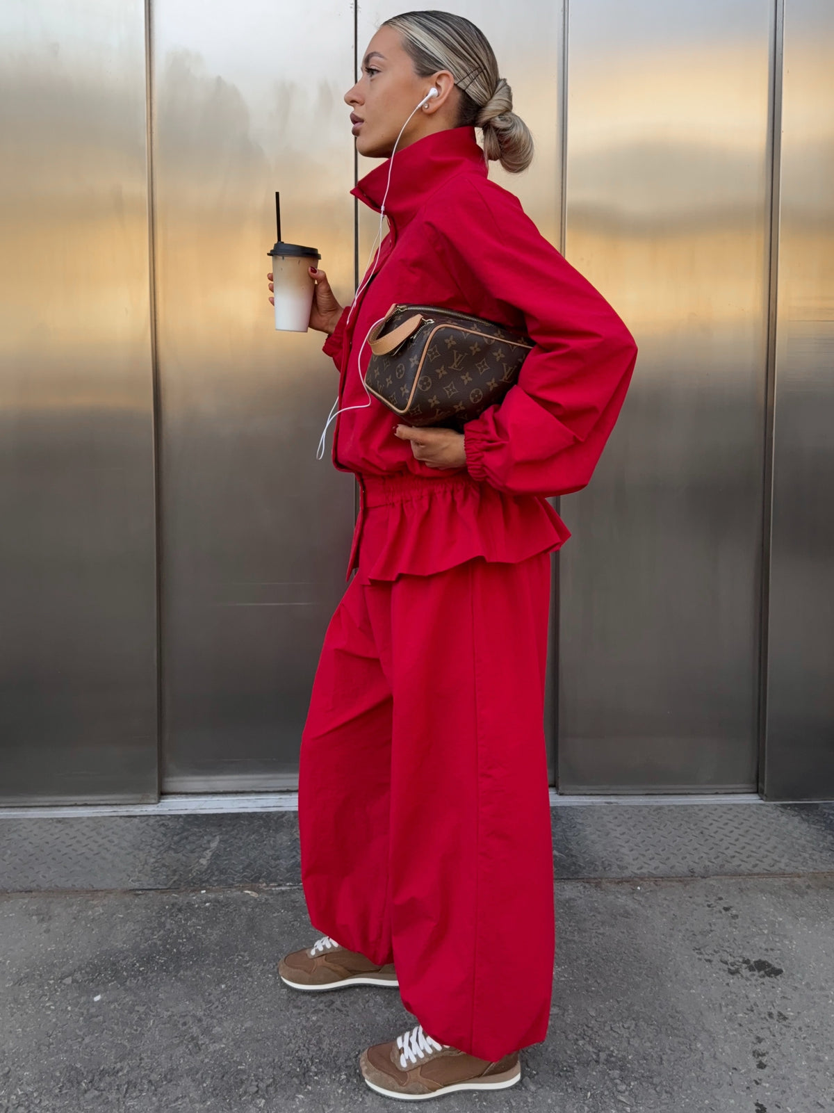 Waist-cinched Jacket and Baggy Pants Set