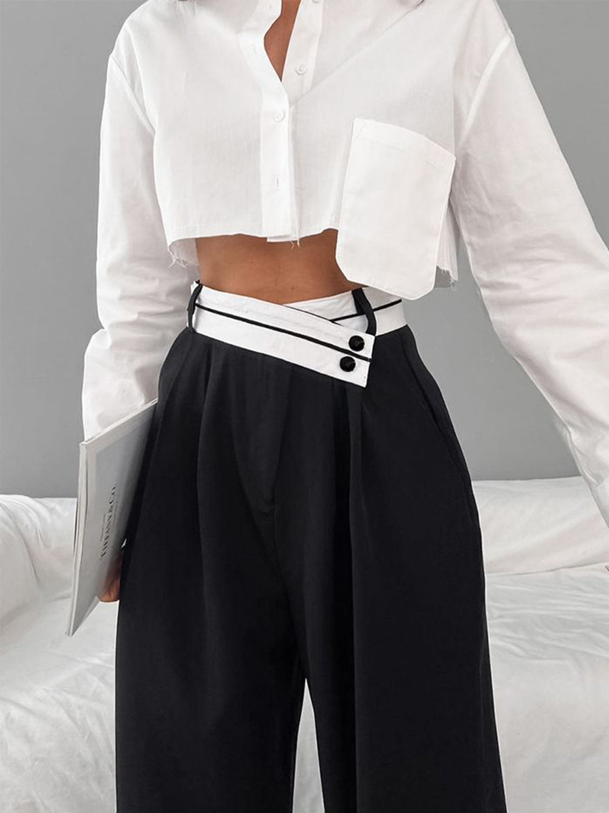 Asymmetrical Contrast Waistband Wide Leg Pants