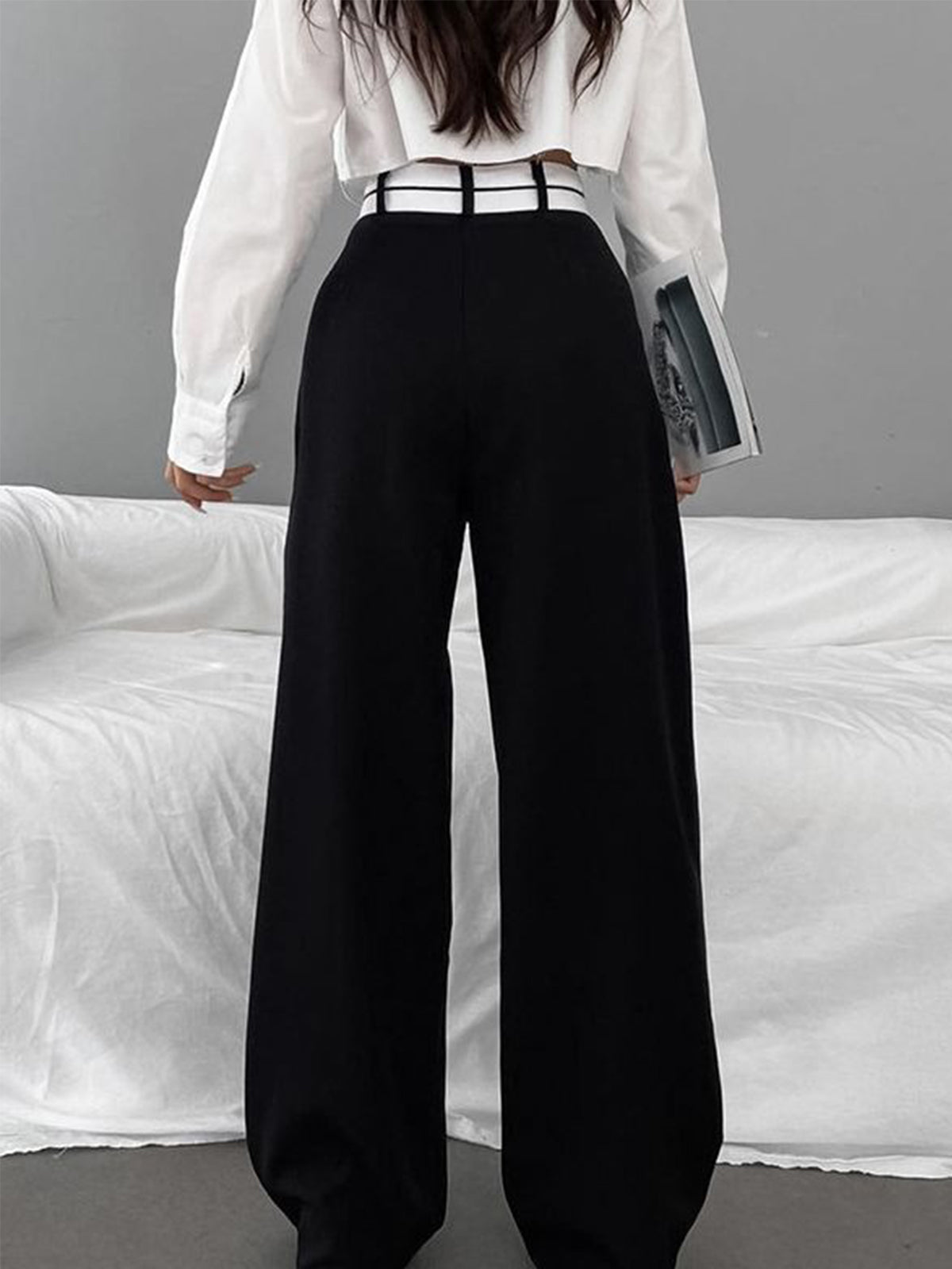 Asymmetrical Contrast Waistband Wide Leg Pants