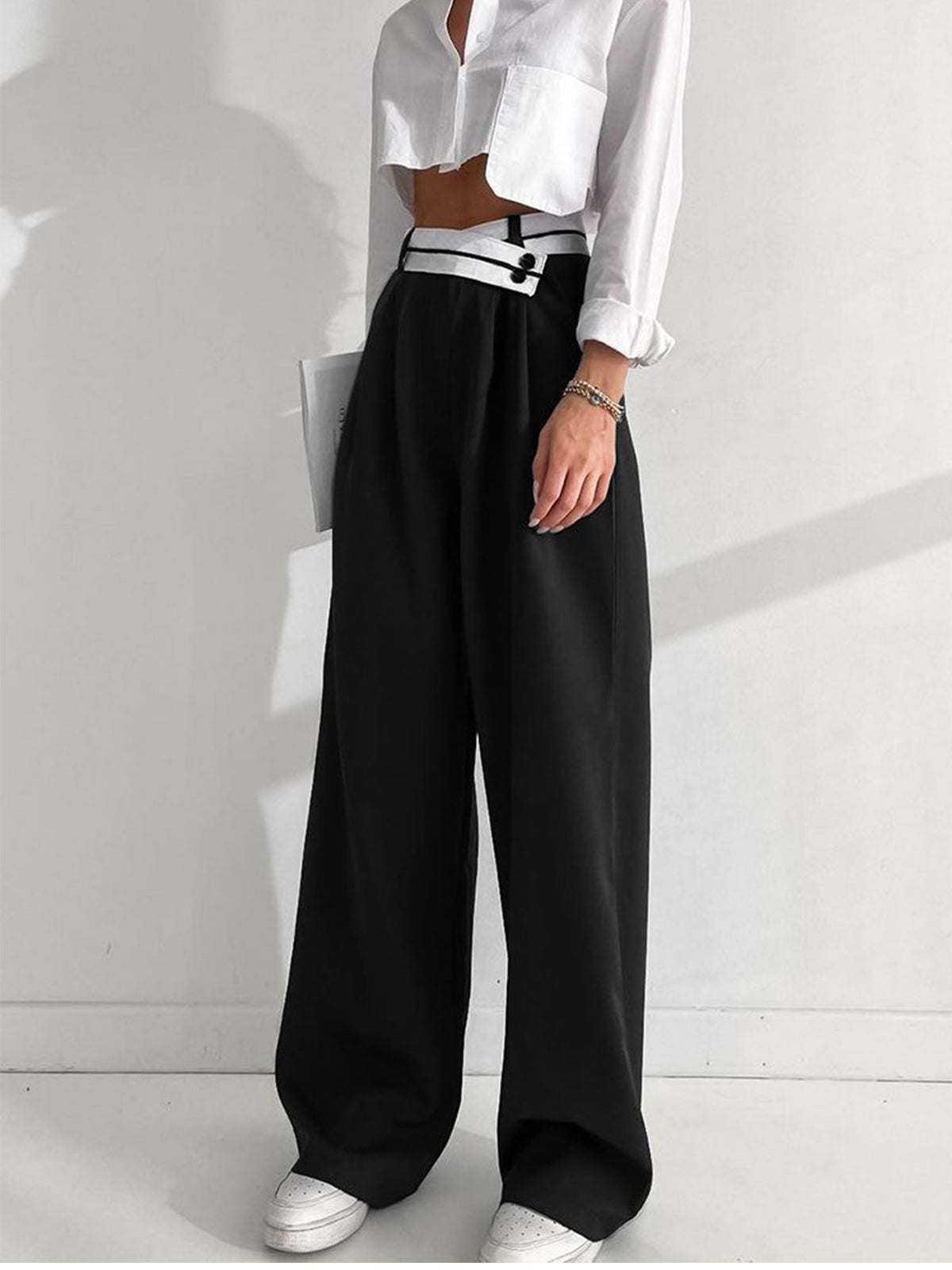 Asymmetrical Contrast Waistband Wide Leg Pants