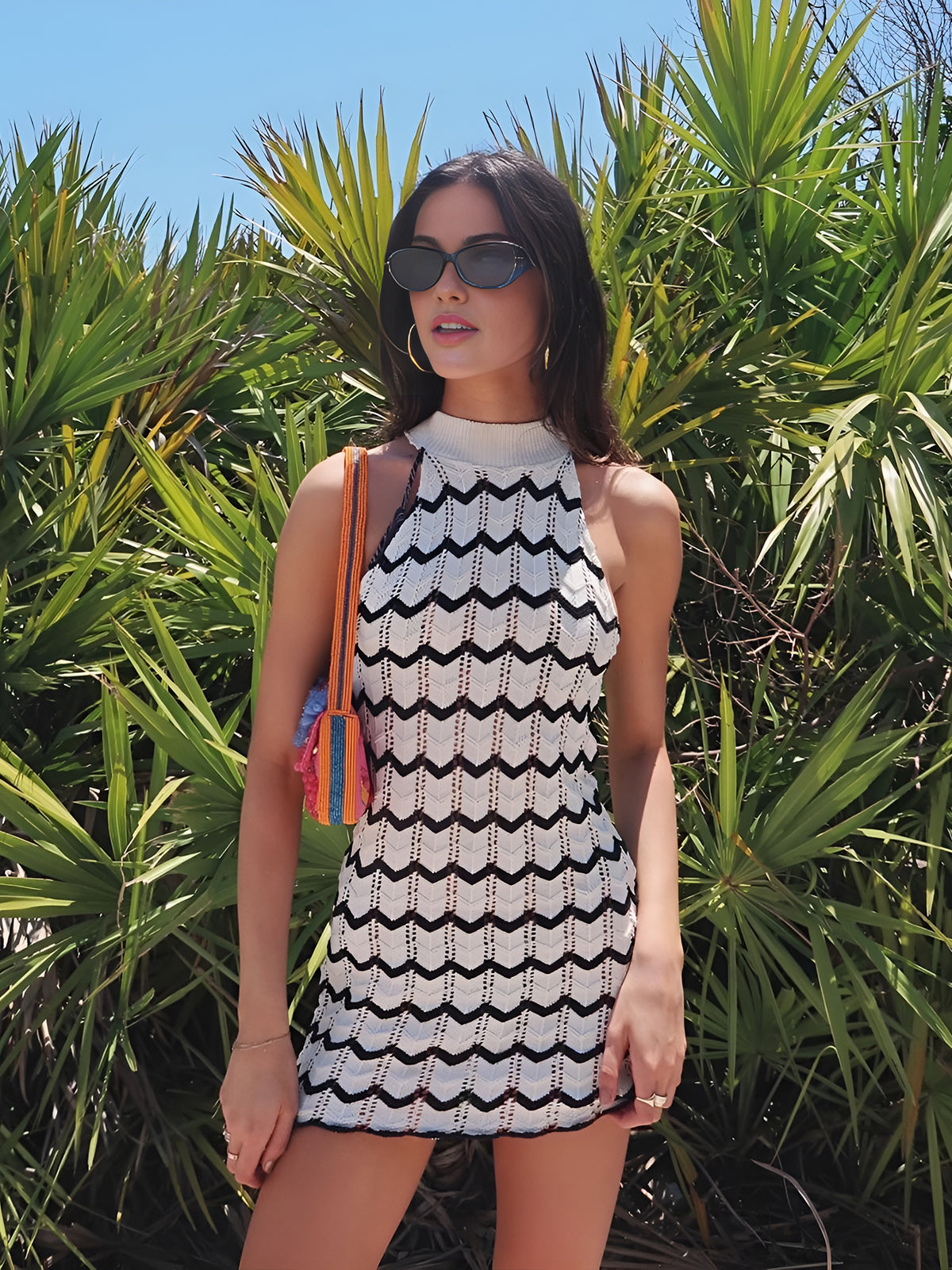 Chevron Pattern Halter Sweater Mini Dress