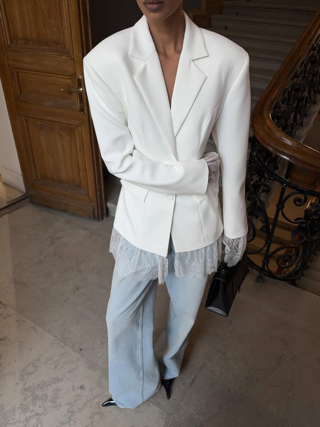 Fitted Lace-Panel Blazer