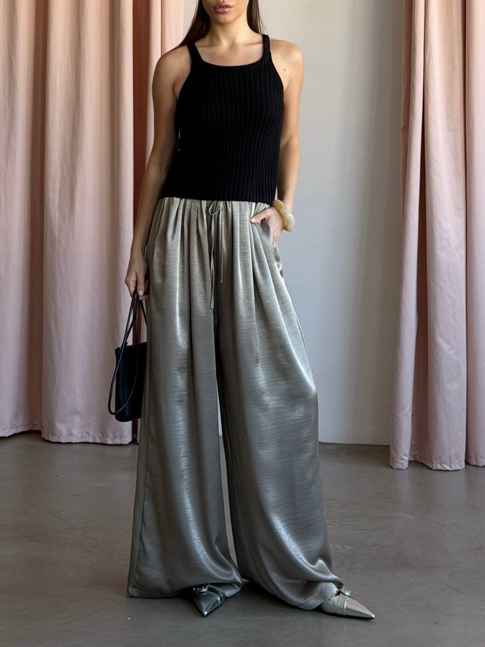 Solid-color satin pants