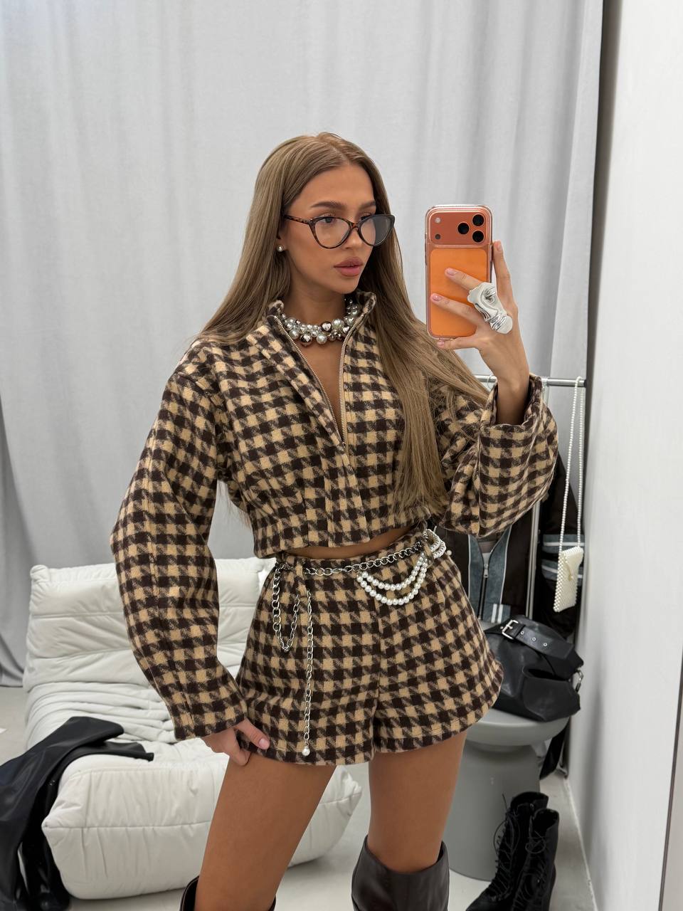 Cropped Houndstooth Jacket Set