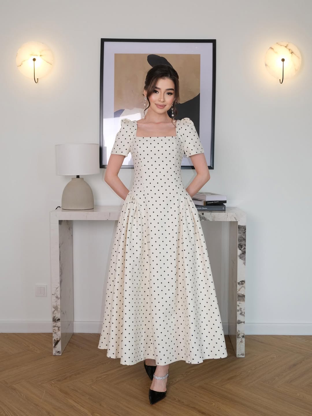 Polka-dot Retro Square-Neck Dress