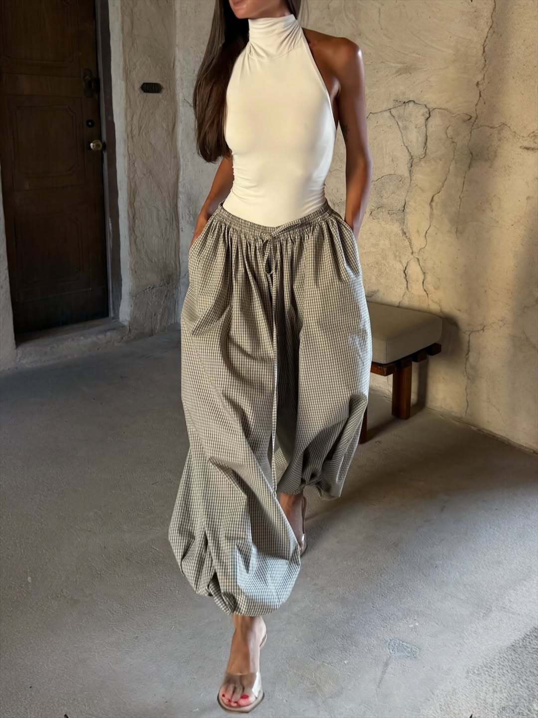 Checkered wide-leg pants