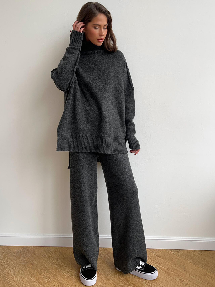 Plain Turtleneck Knit Pants Set