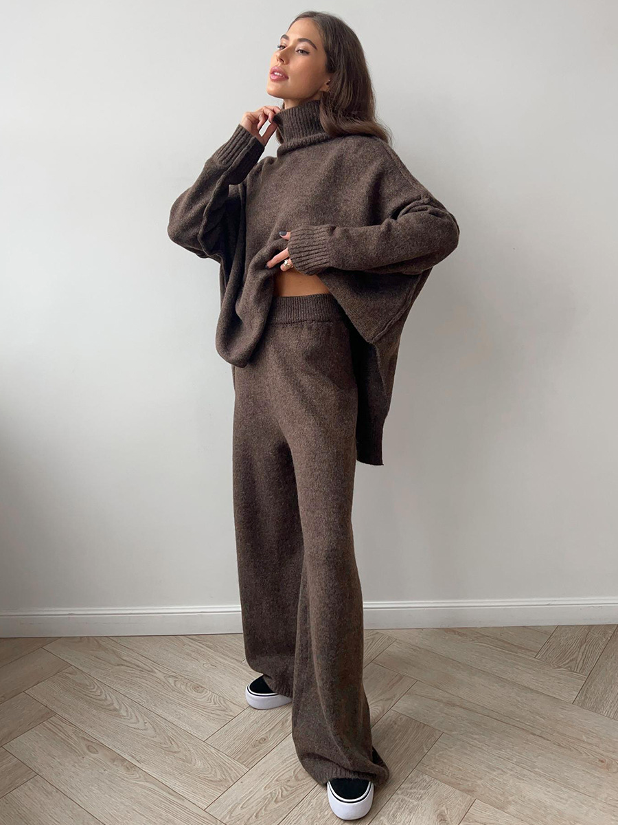 Plain Turtleneck Knit Pants Set