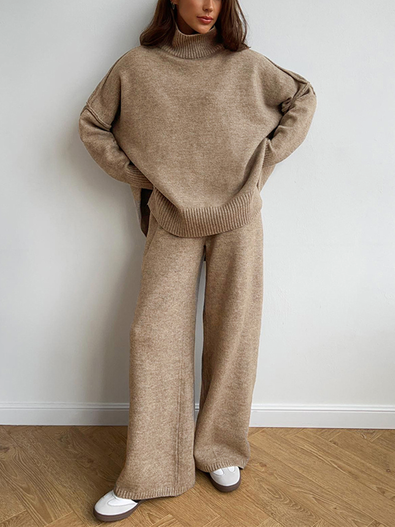 Plain Turtleneck Knit Pants Set