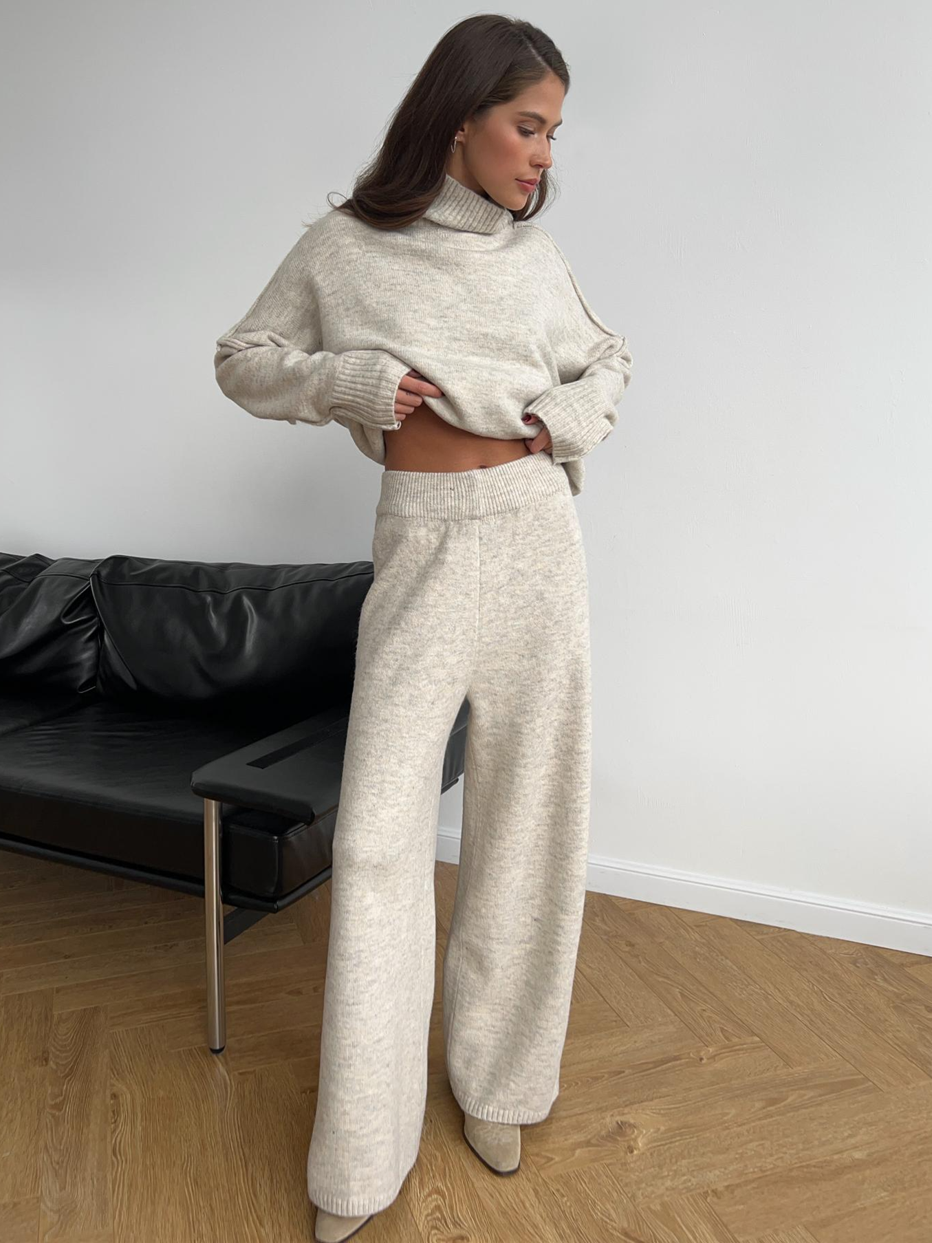 Plain Turtleneck Knit Pants Set