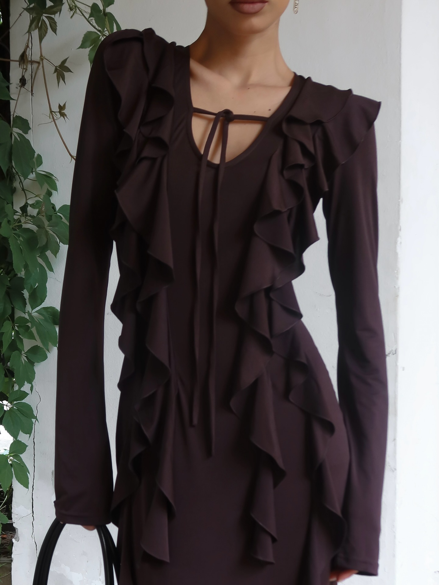 Ruffled V-neck long-sleeve dress
