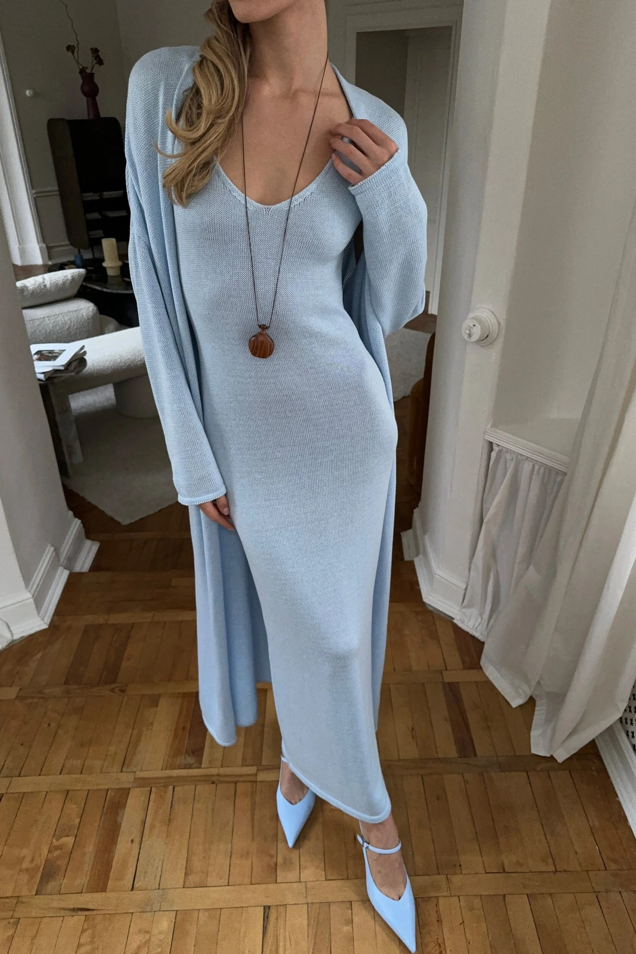 Knitted long dress and cardigan set