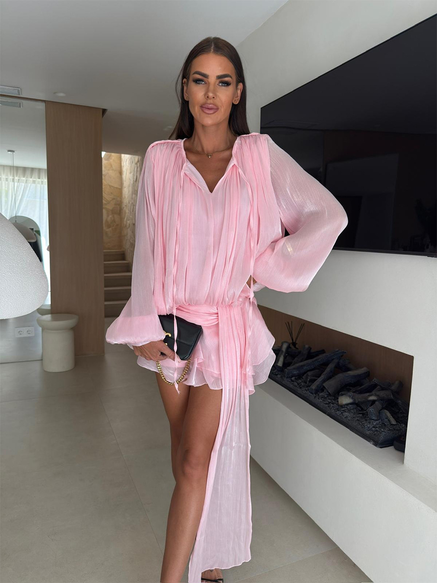 Chiffon lantern sleeve ruffled dress