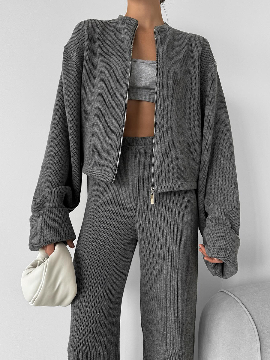Knit Long-Sleeve Wide Leg Pants Set