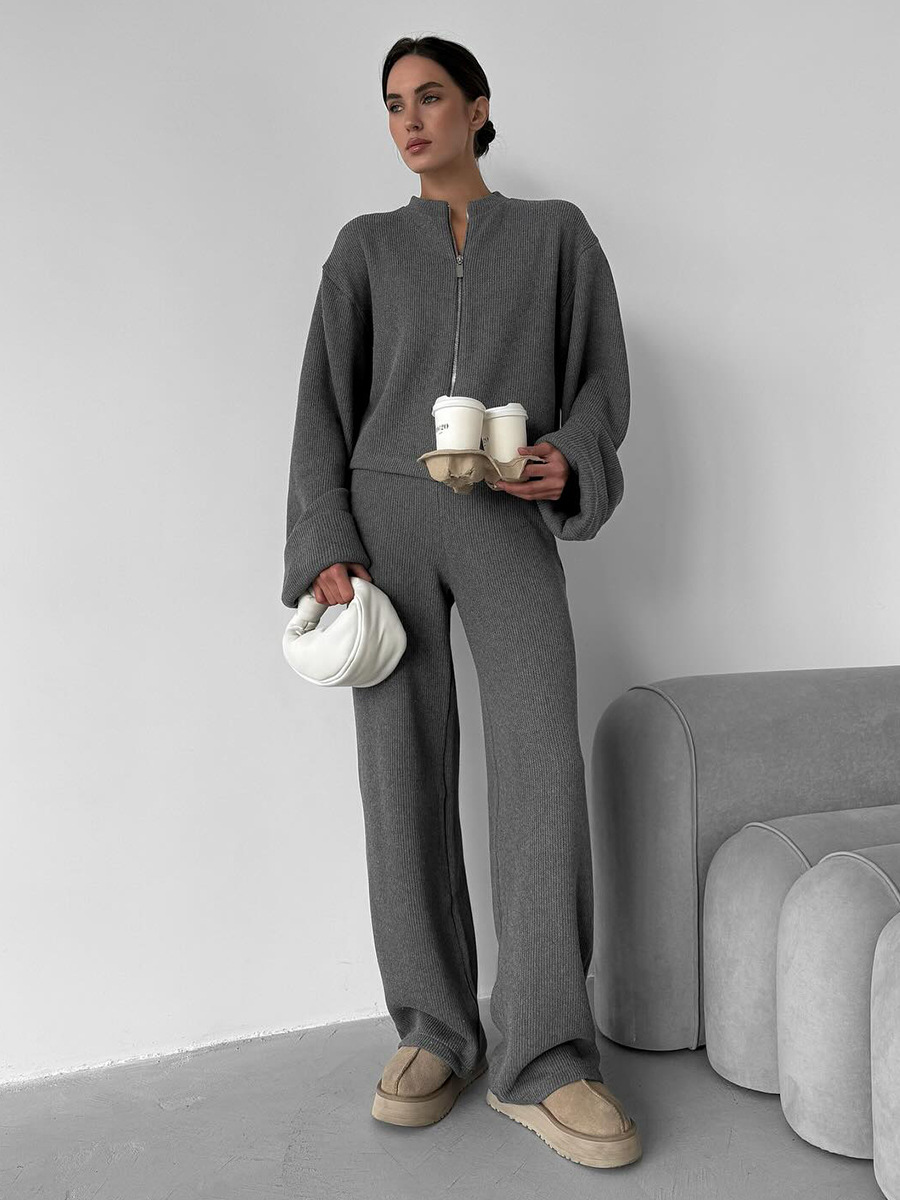 Knit Long-Sleeve Wide Leg Pants Set