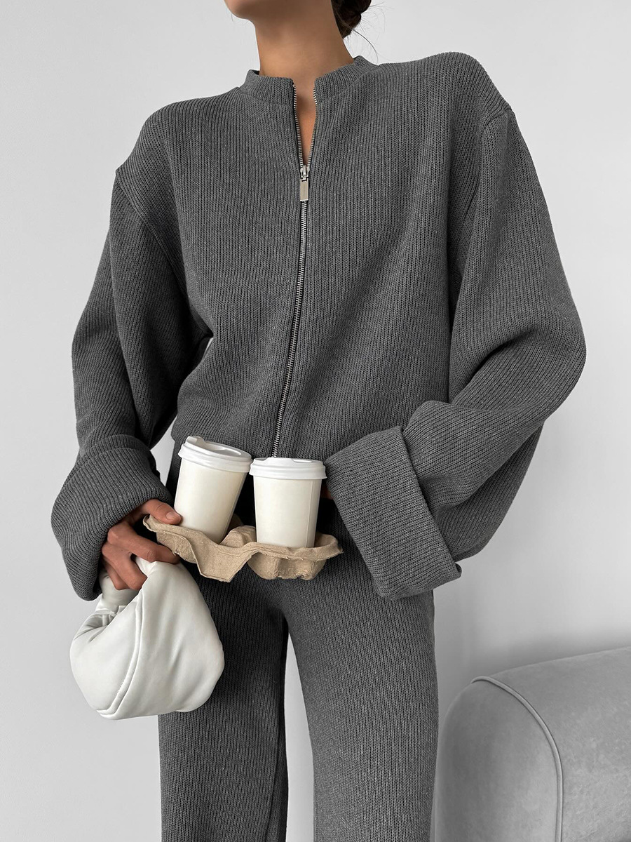 Knit Long-Sleeve Wide Leg Pants Set