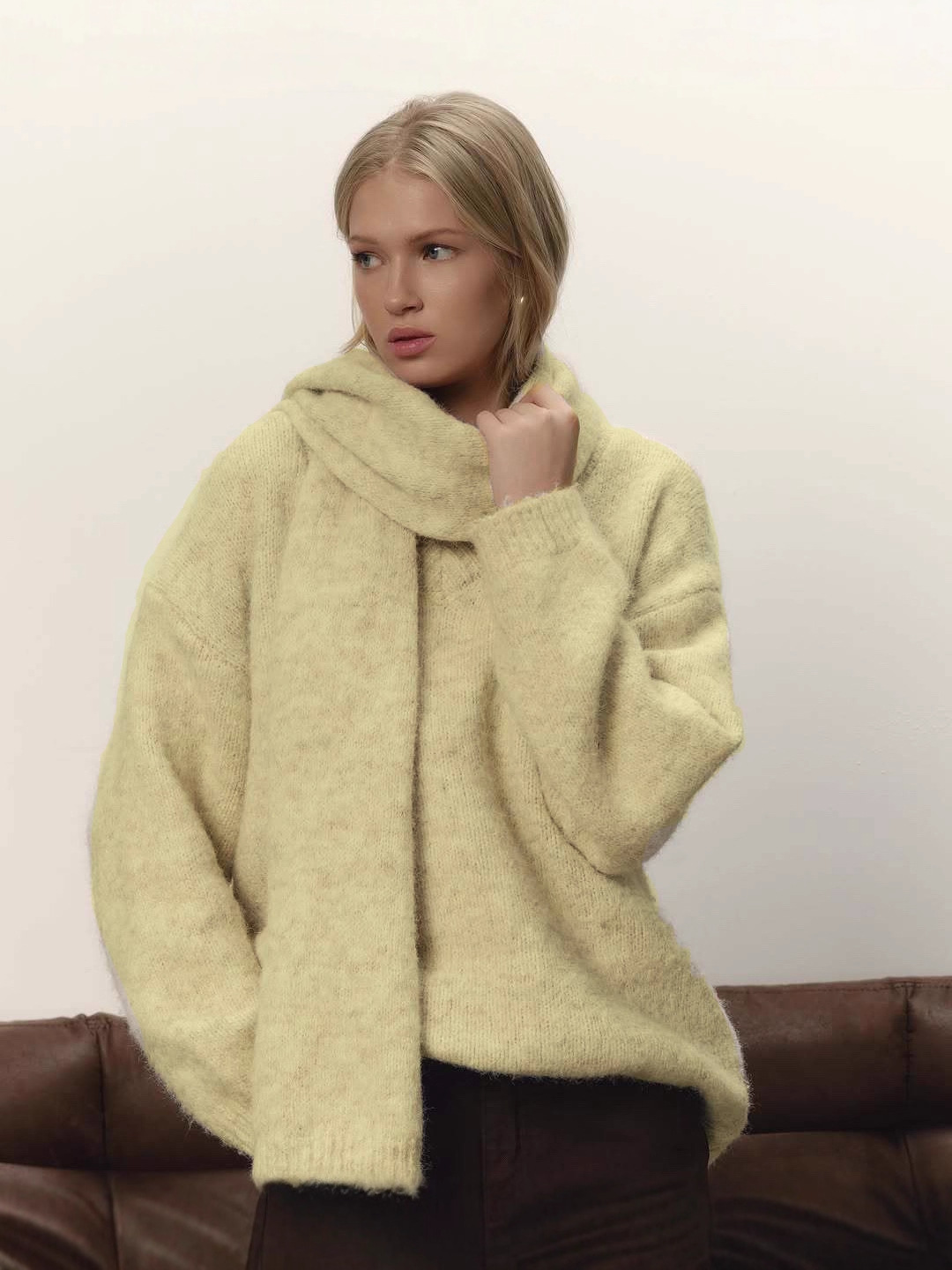 V-neck loose knit sweater with scarf