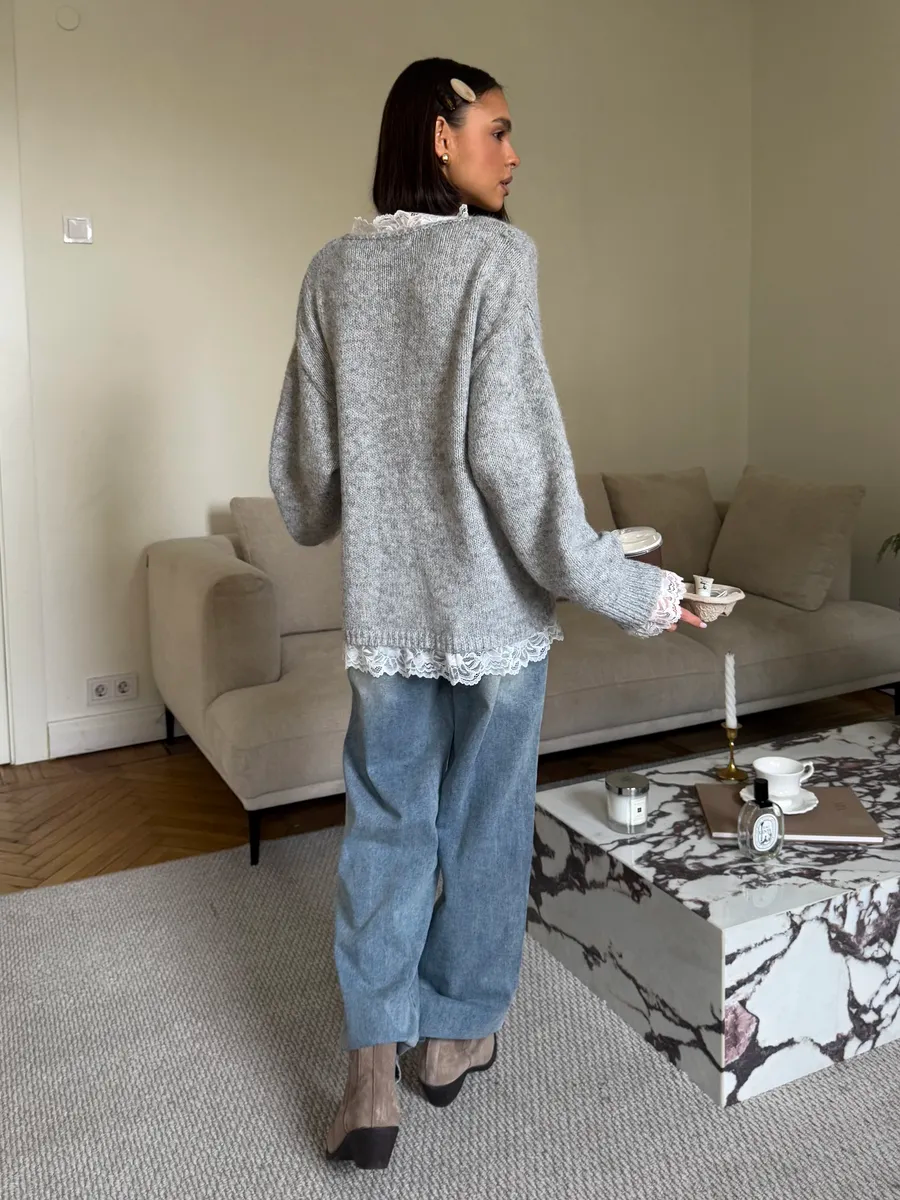 Lace-Paneled Tie-Front Sweater