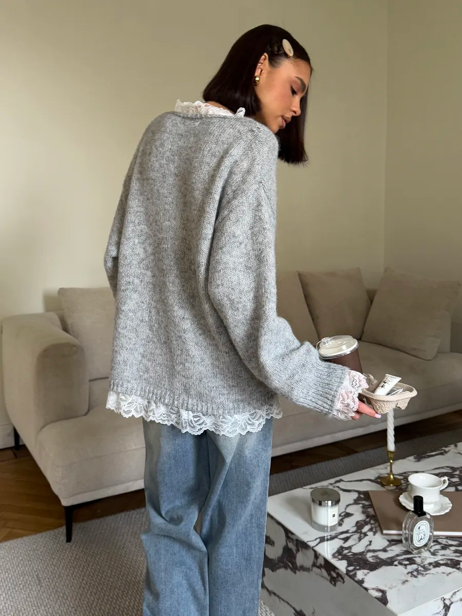 Lace-Paneled Tie-Front Sweater
