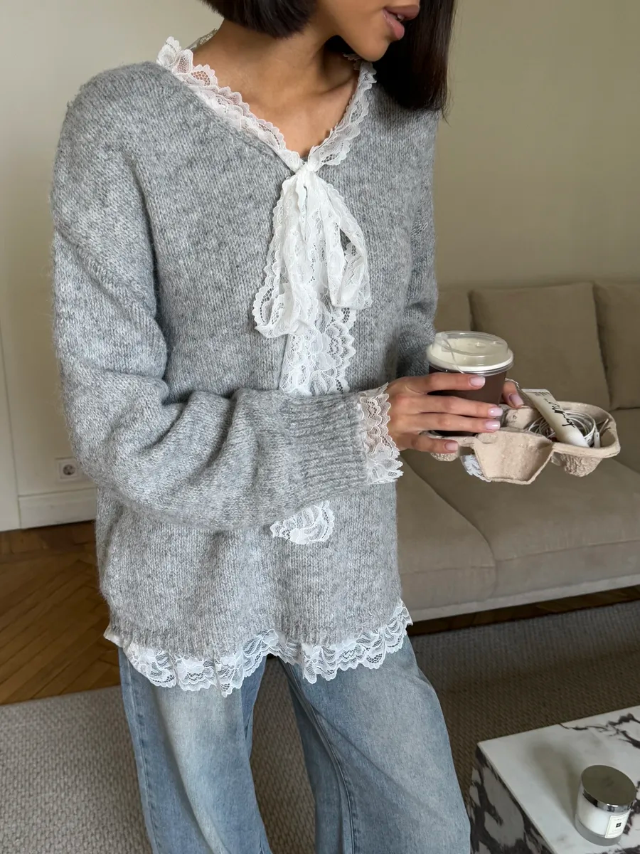 Lace-Paneled Tie-Front Sweater