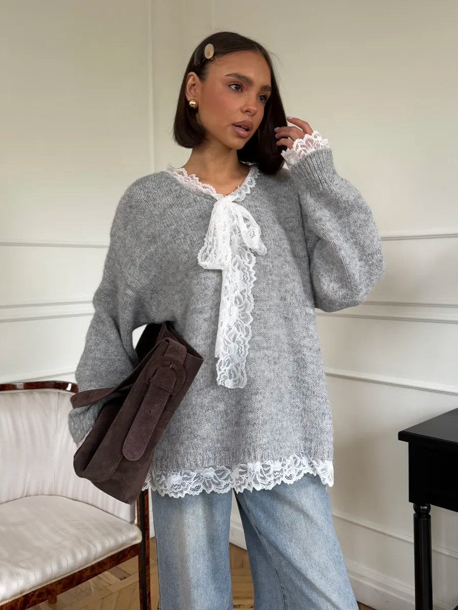 Lace-Paneled Tie-Front Sweater