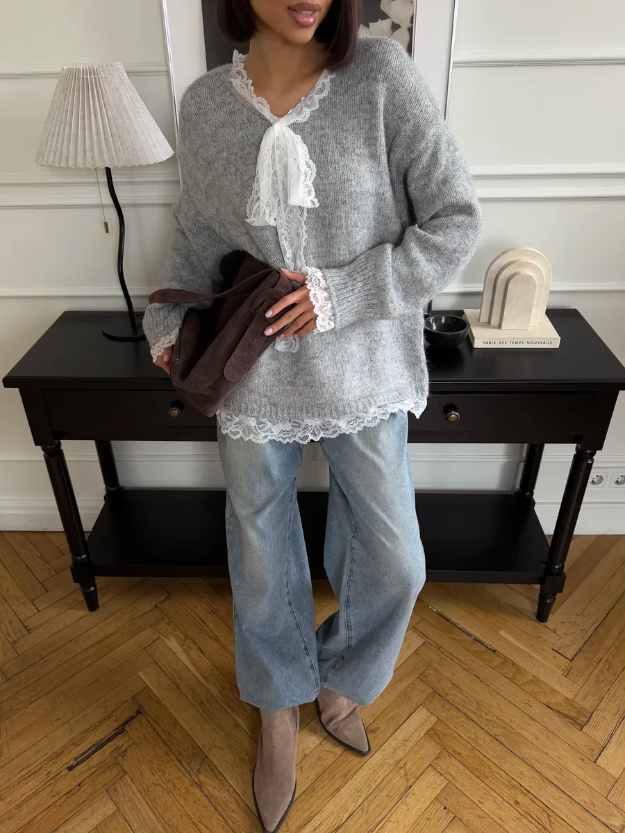 Lace-Paneled Tie-Front Sweater
