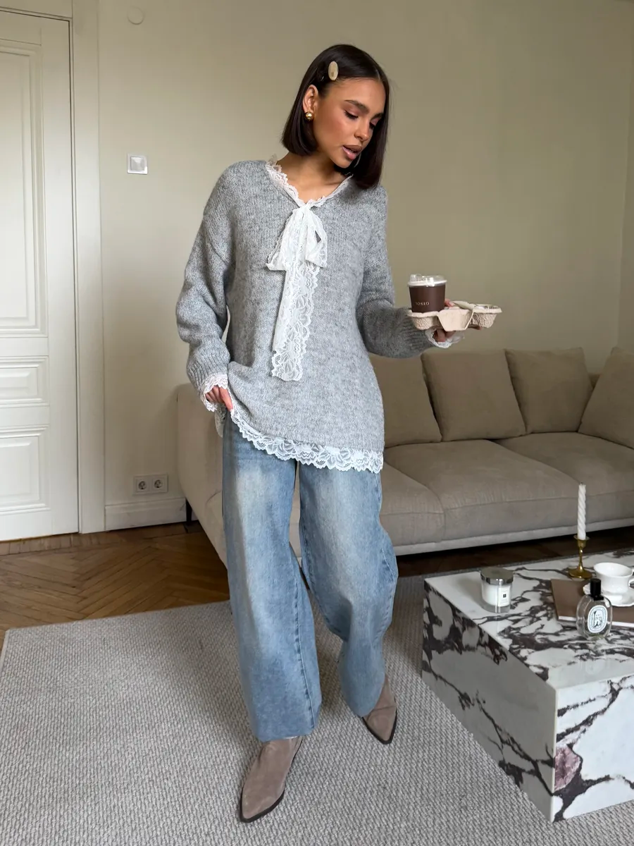 Lace-Paneled Tie-Front Sweater
