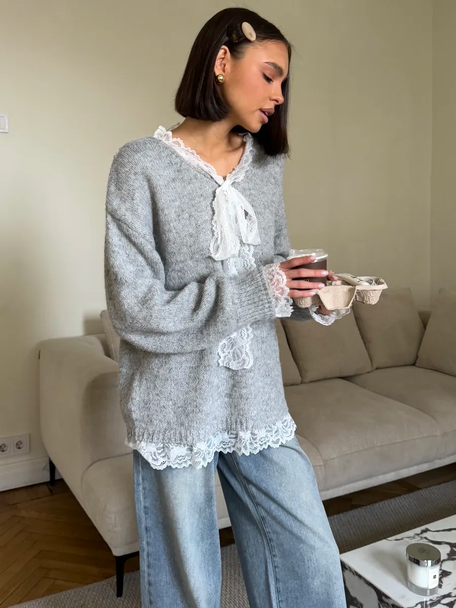 Lace-Paneled Tie-Front Sweater