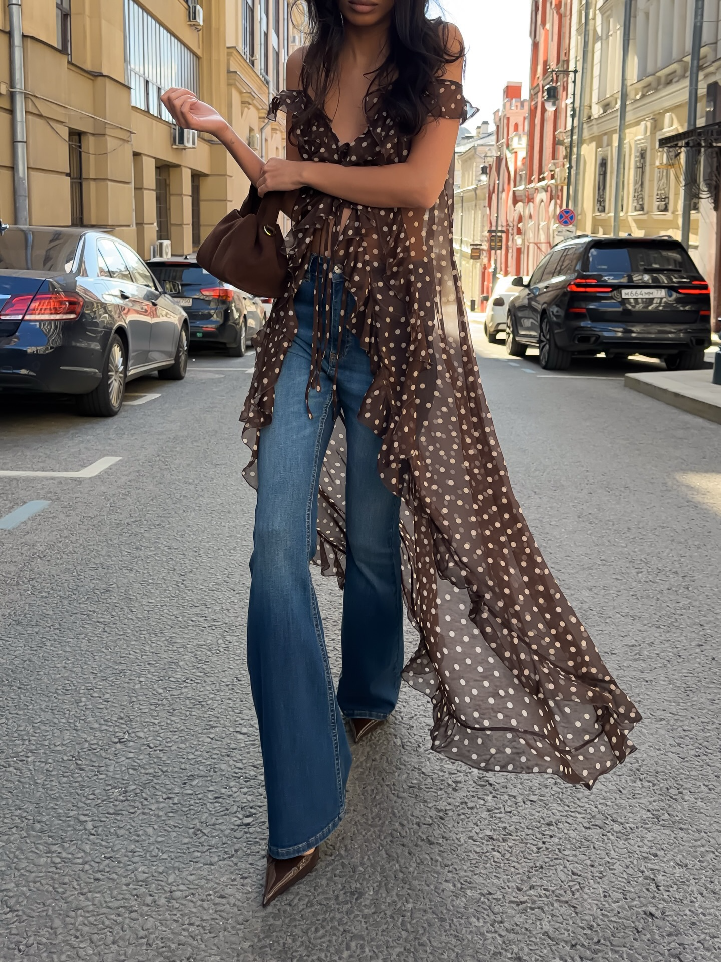 Polka-Dot Lace-Up Ruffled Slit Dress