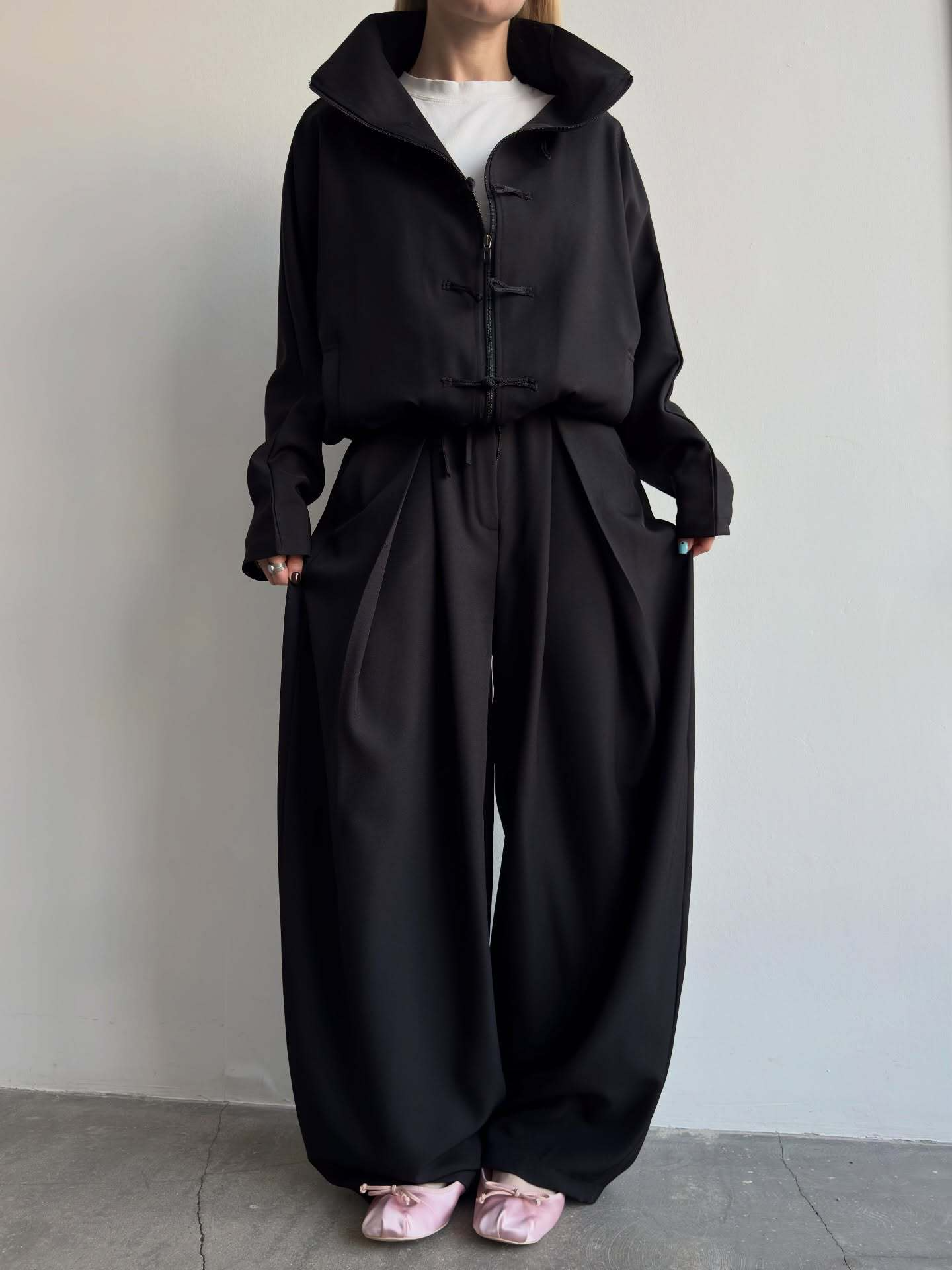 Button-Front Loose-Fit Baggy Pants Set