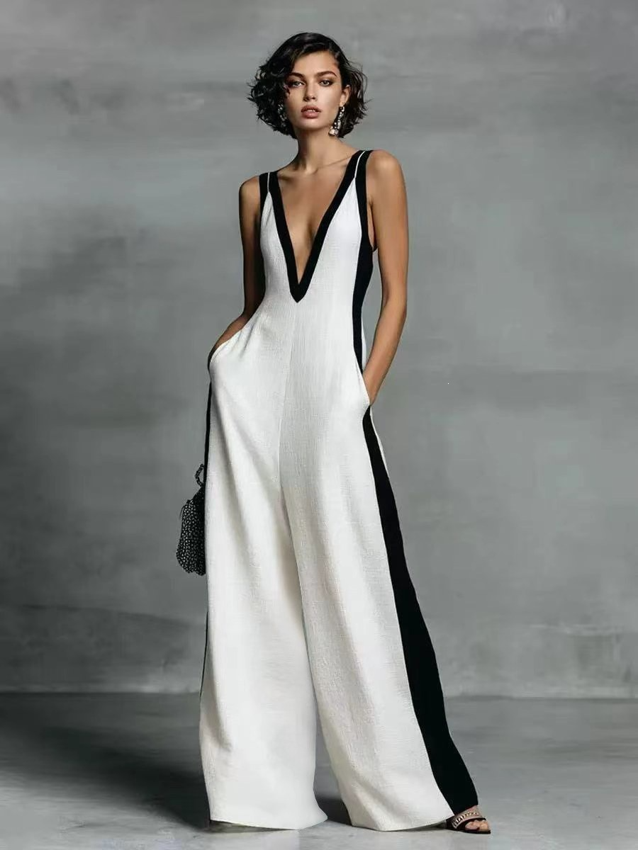 Sleeveless V-neck color-blocked jumpsuit