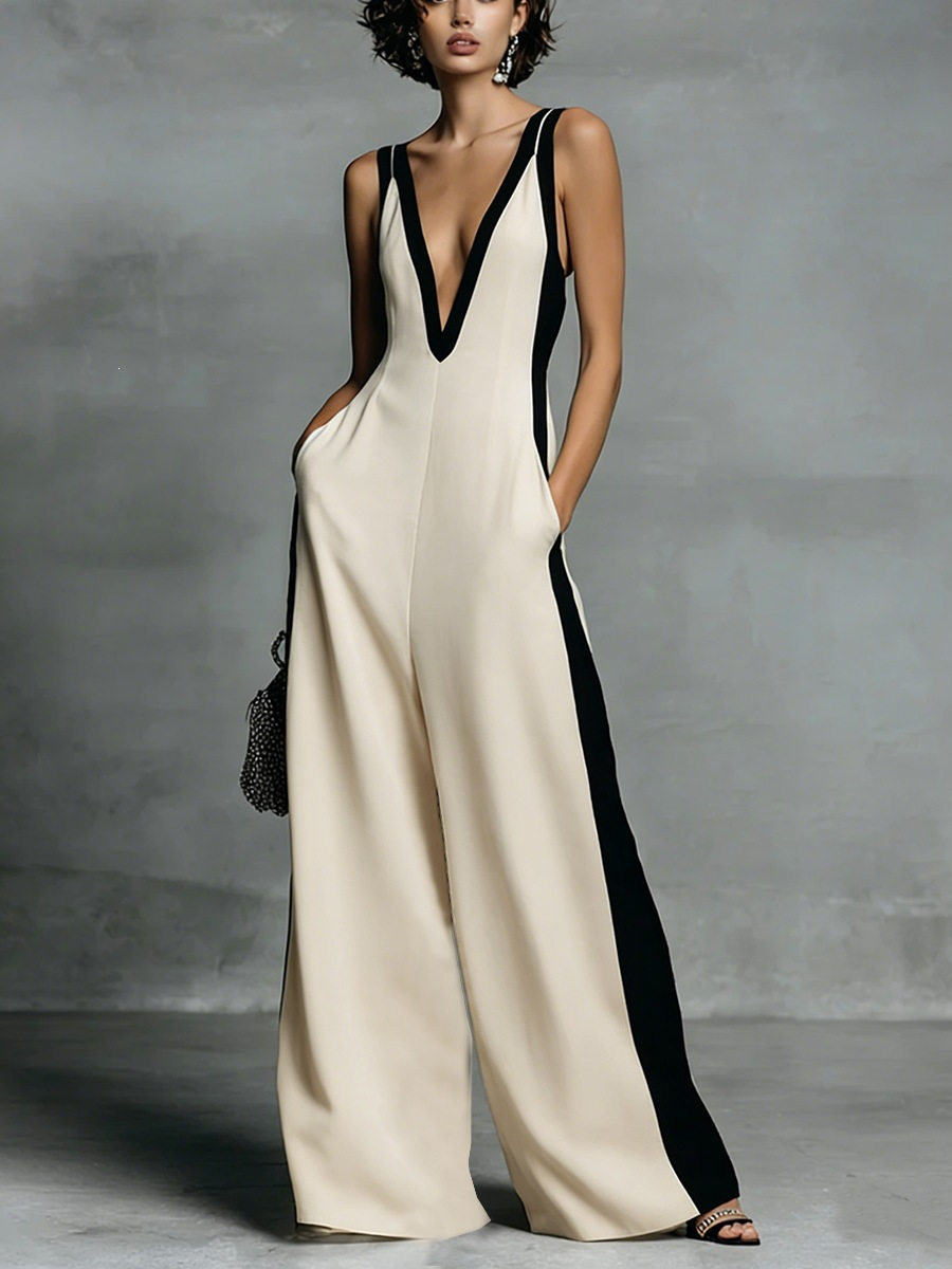 Sleeveless V-neck color-blocked jumpsuit
