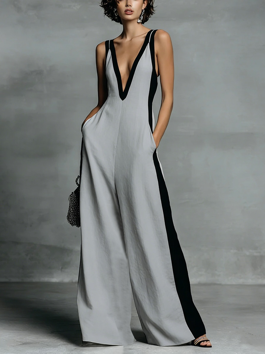 Sleeveless V-neck color-blocked jumpsuit