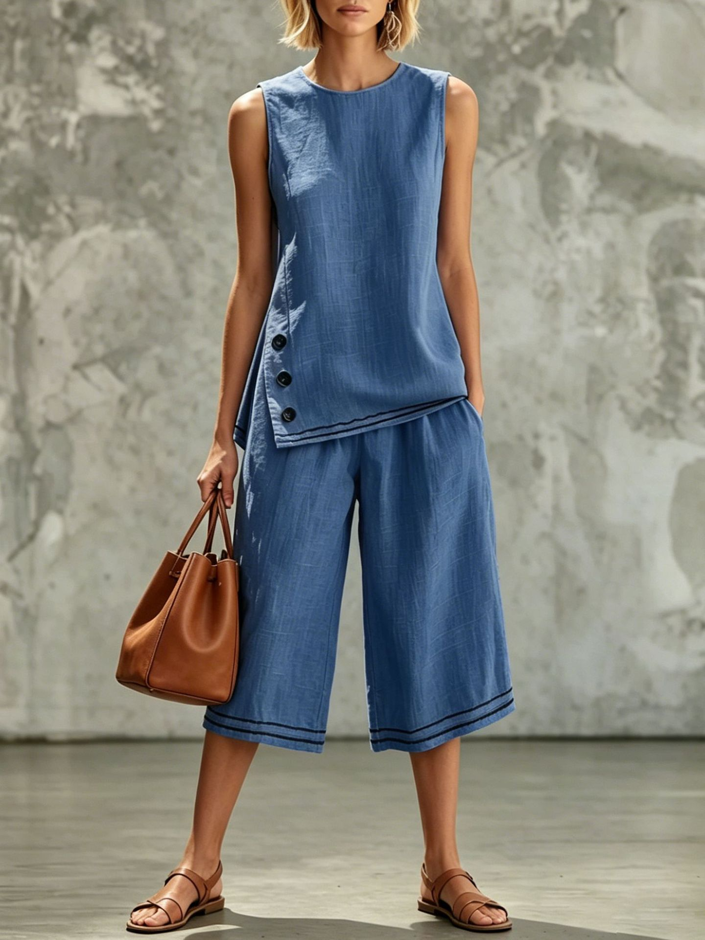 Side-slit tank top and cropped pants set