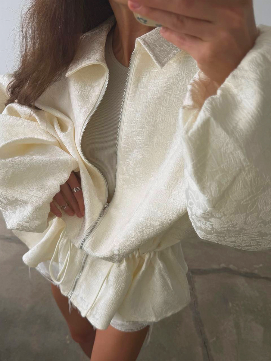 Jacquard Lapel Jacket with Drawstring Waist