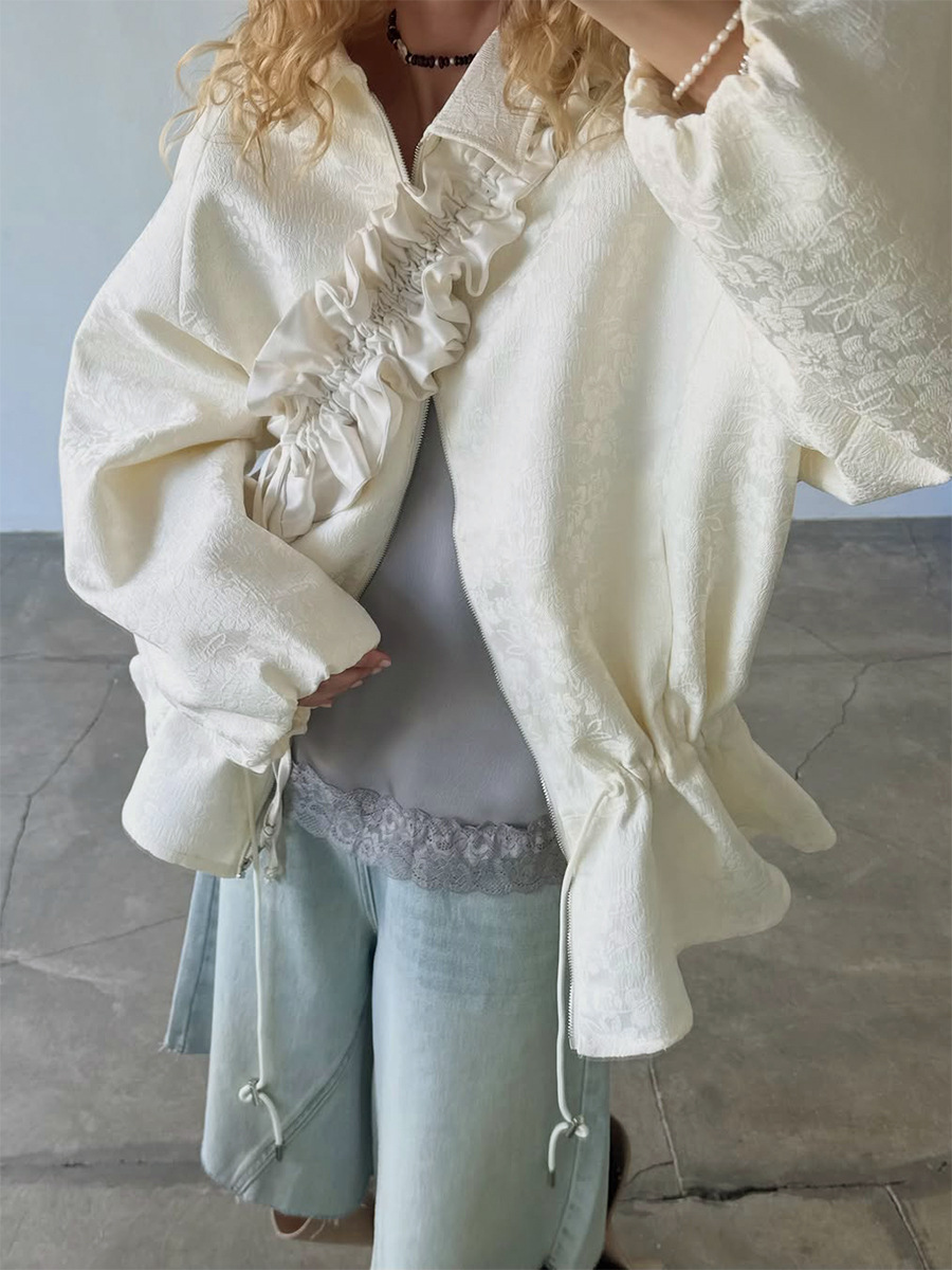 Jacquard Lapel Jacket with Drawstring Waist