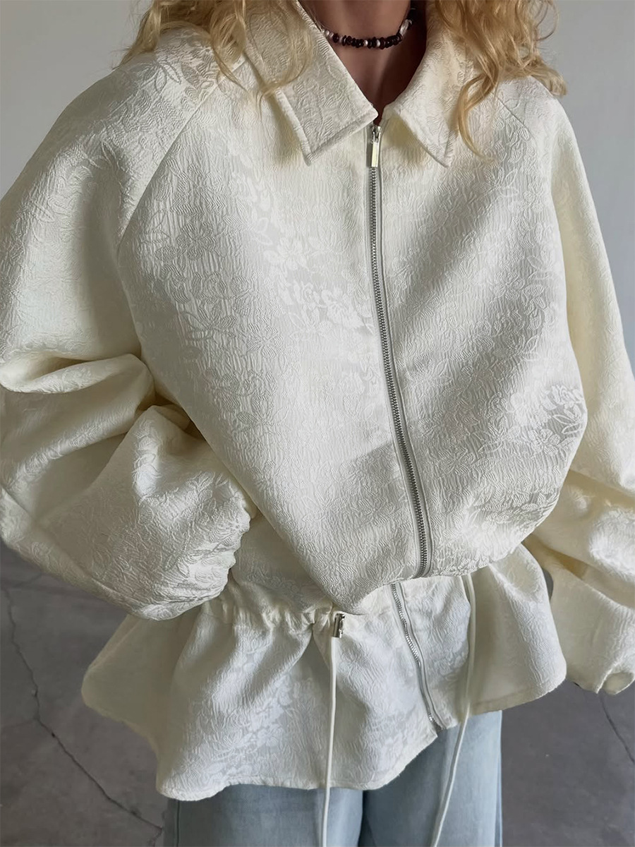 Jacquard Lapel Jacket with Drawstring Waist