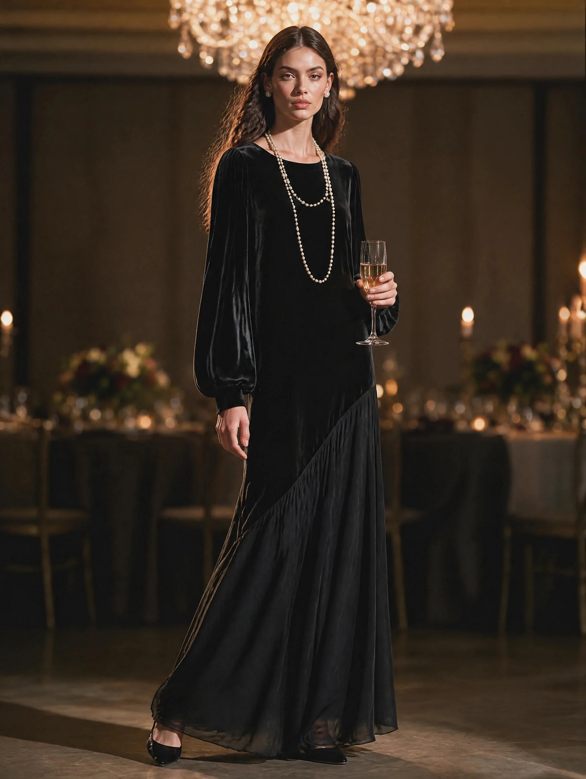 Velvet and Chiffon Patchwork Dress