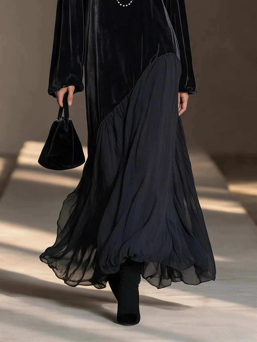 Velvet and Chiffon Patchwork Dress