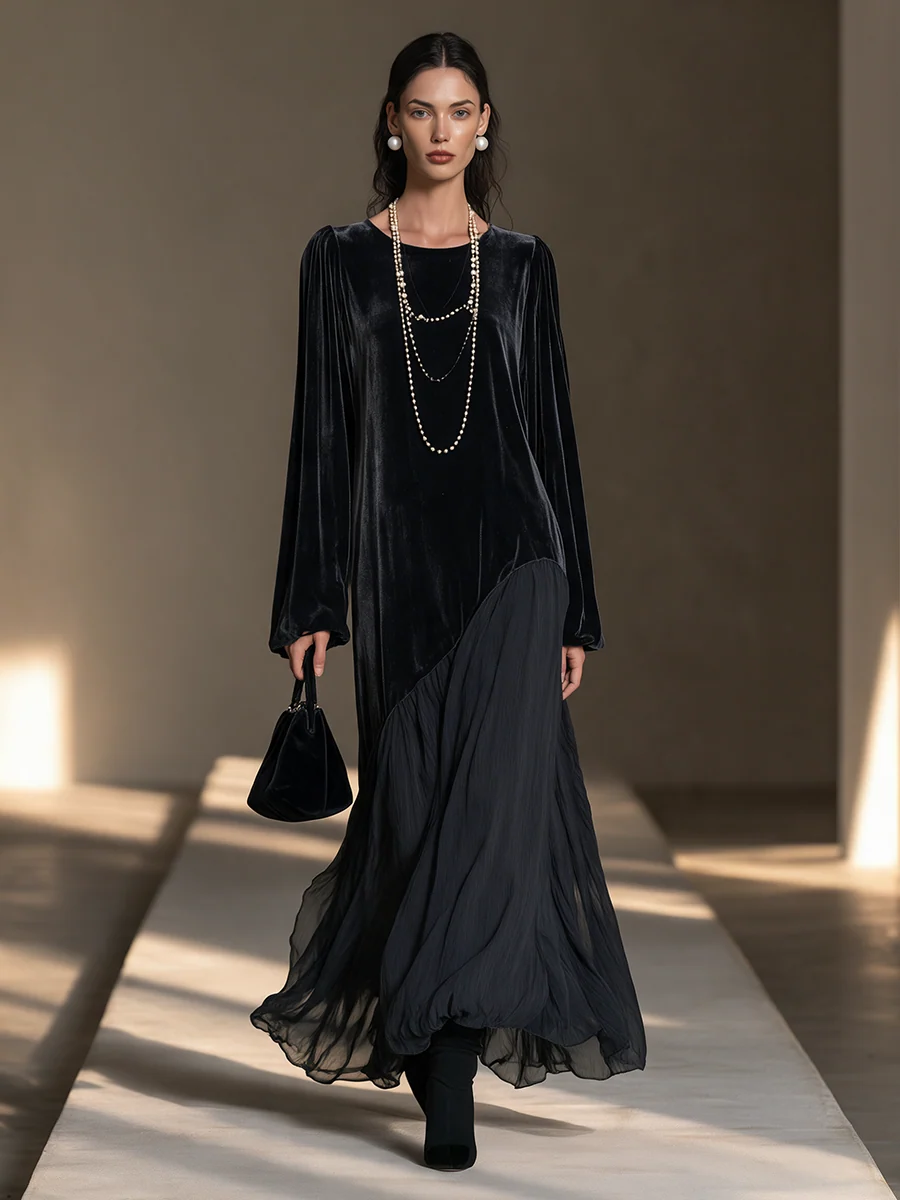 Velvet and Chiffon Patchwork Dress
